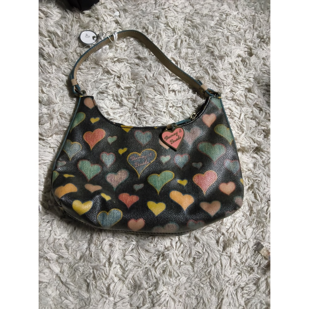 21.Dooney & Bourke Multi Color Heart Print Black Coated Canvas Hobo Shoulder Bag